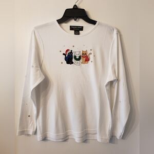 Hampshire Studio Brand White Long Sleeve Cat Embroidered Top Size PL
